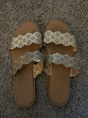 Kensie Cream Scalloped Laser-Cut Double Strap Sandals